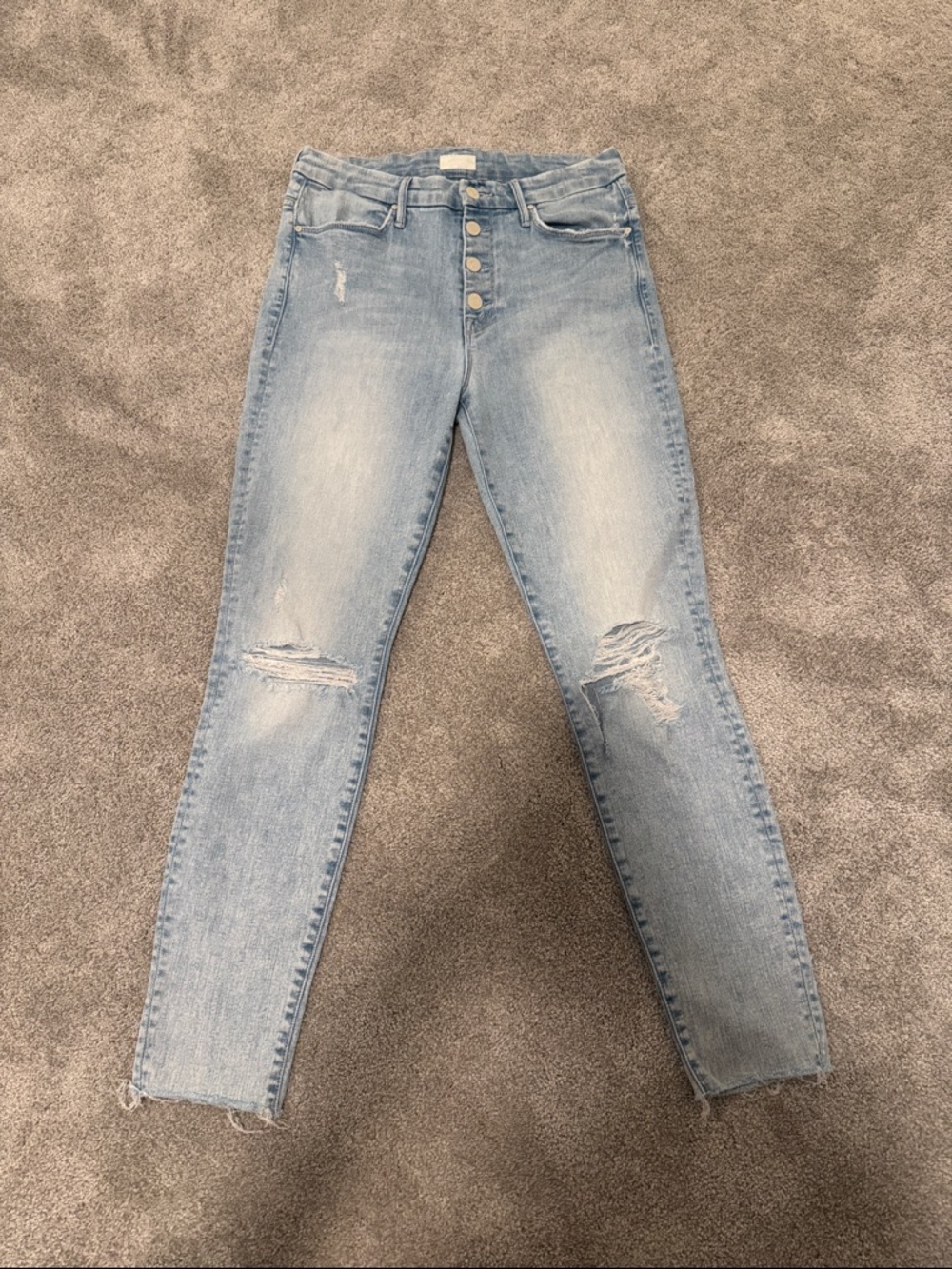MOTHER Light Blue the pixie ankle frayJeans with Distressed Knees